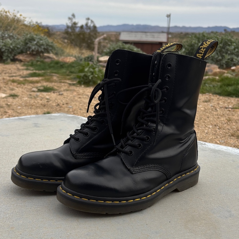 Dr. Martens Black Leather Boots with Yellow Stitching